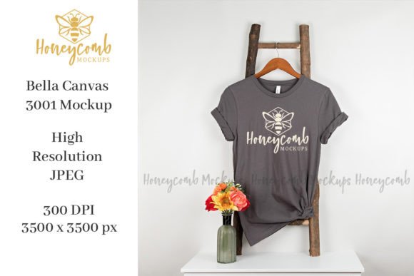 Hanging Bella Canvas 3001 Asphalt Mockup for T-Shirts and Graphics